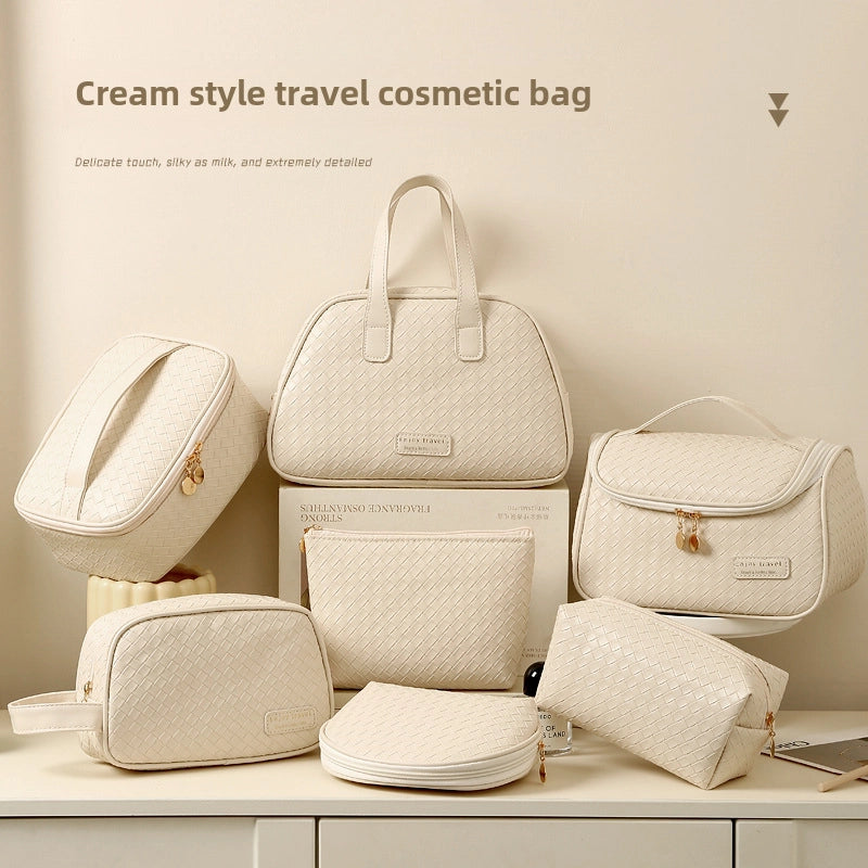 New Pu Woven Pattern Cosmetic Bag Large Capacity Portable Storage Bag Double Zipper Head Portable Travel Wash Bag