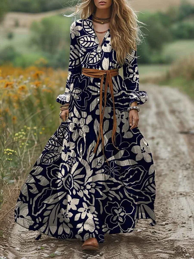 Women's Lapel Vintage Solid Color Print Pocket Cotton A-Line Dress