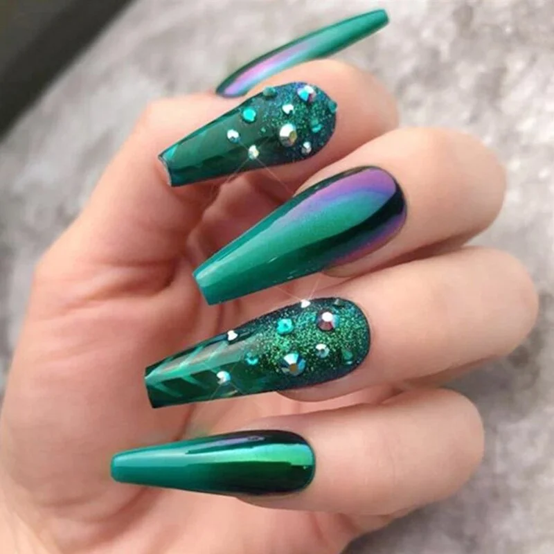 24PCS Fake Nails With Glue Rhinestones Long Detachable French Stick on Nails Coffin Flame Press on Nails Art DIY Manicure tips-Nail Inspo