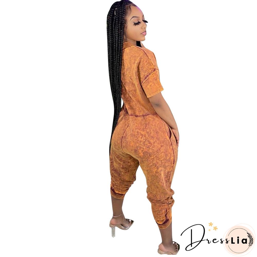 Loose Short Sleeve V Neck Long Harem Jumpsuits