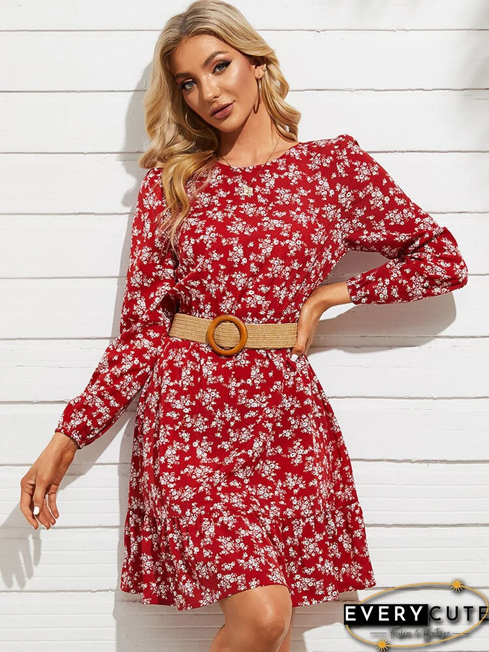 Floral Print Long Sleeve Elastic Waist Crew Neck Dress