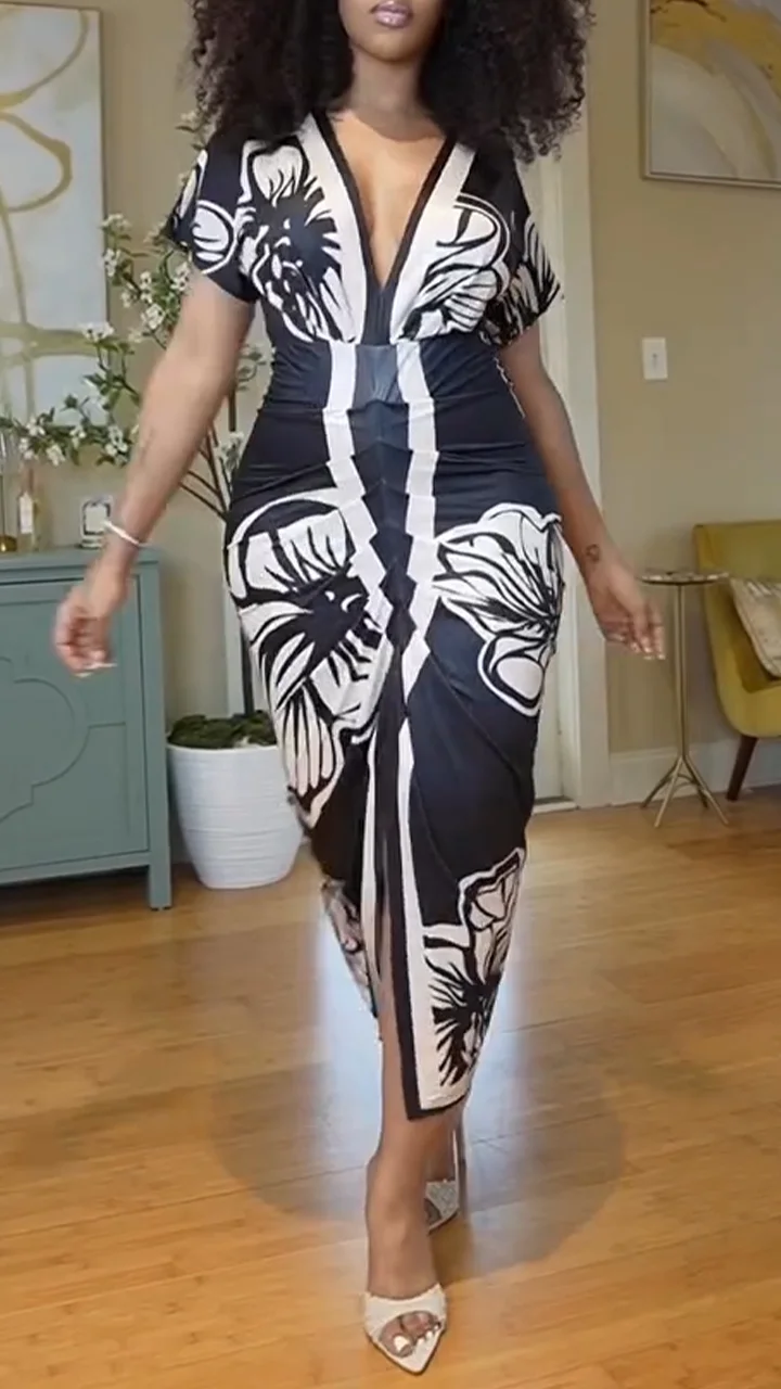 Ladies V-neck Printed Slit Slim Fit Casual Dress