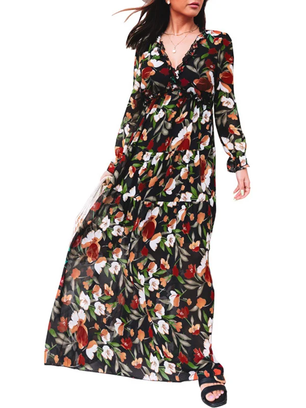 Floral Print Lace Paneled Single Breasted Long Sleeved Maxi Dress main image 1