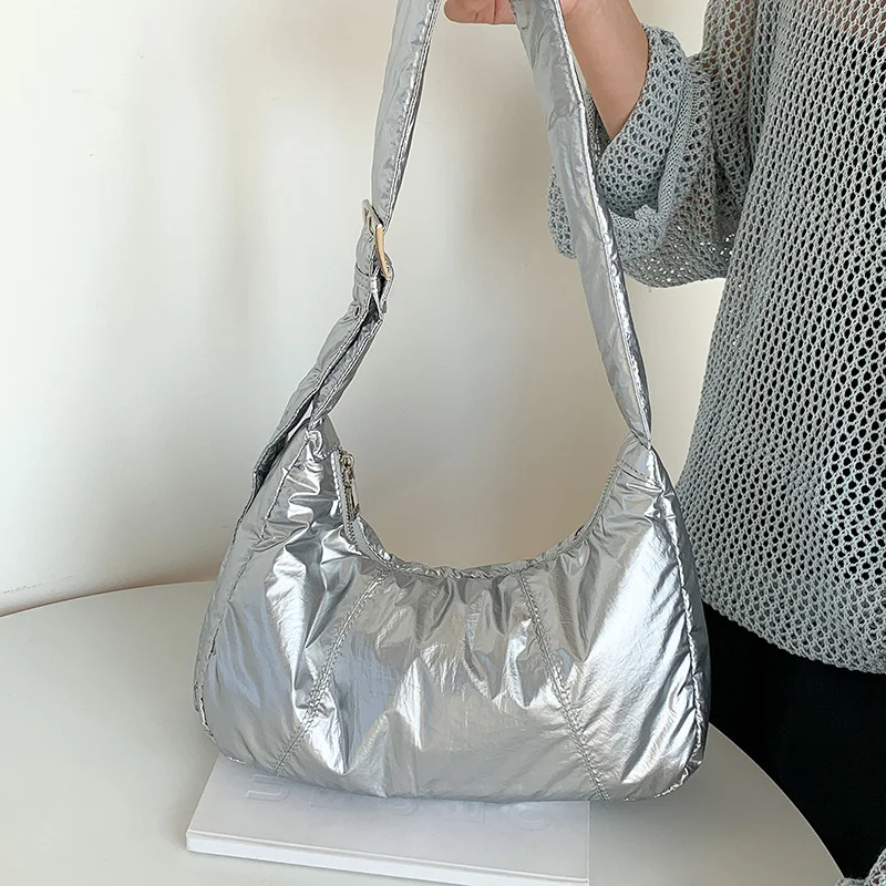 Mongw Mongw Commuter Silver Cross-Body Bag Female Leisure Summer Large Capacity Small Senior Feeling Soft Simple Shoulder Bag