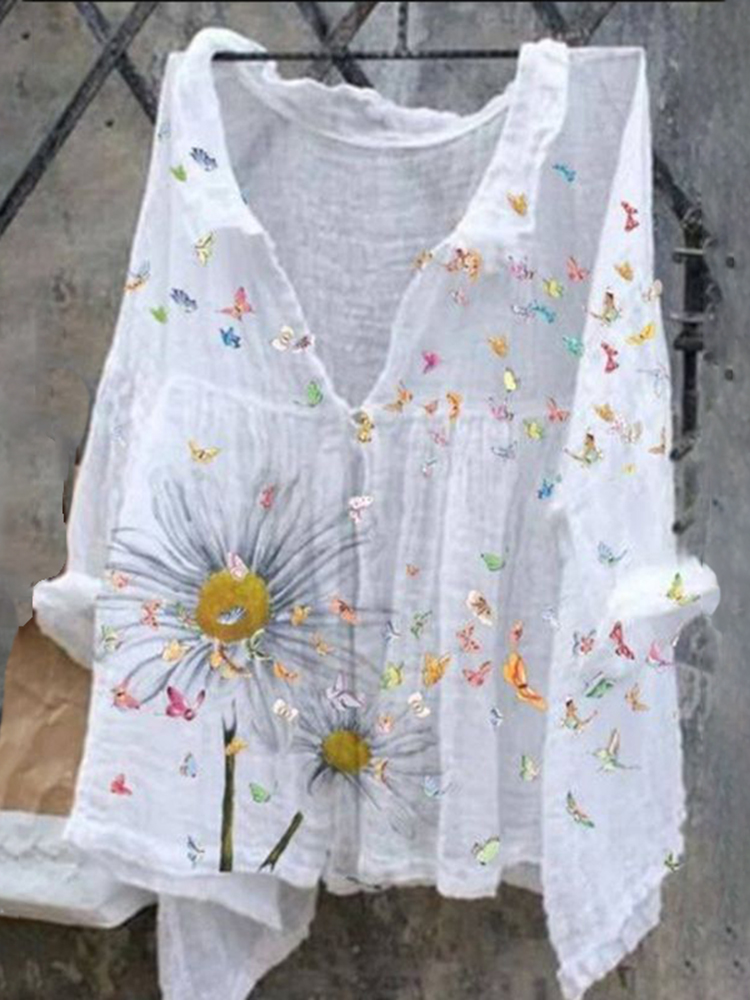 Comstylish Retro Butterfly Daisy Print Casual Cotton Linen Shirt