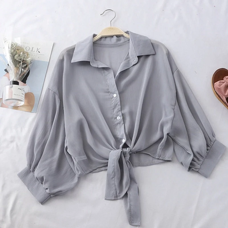 New 2022 Summer Half Sleeve Buttoned Up Shirt Loose Casual Blouse Chiffon Shirts Women Tied Waist Elegant Blouses for Women