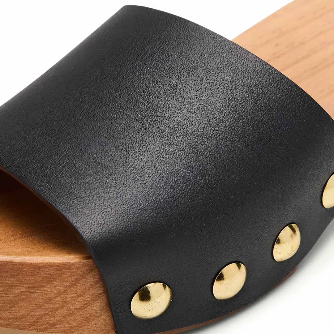 Black Round Toe Chunky Heel Platform Studded Ankle Strap Sandals