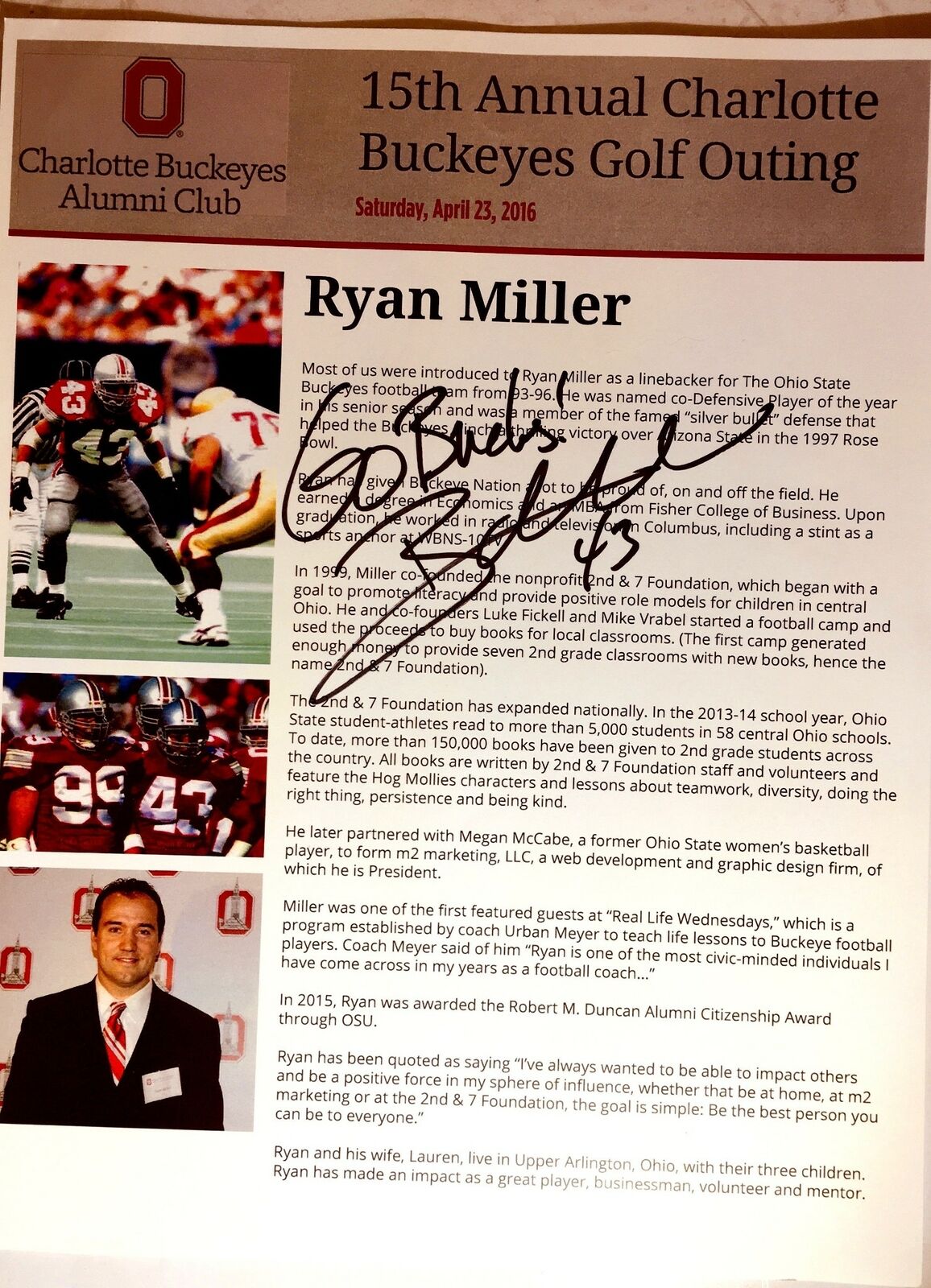 Ryan Miller Signed 8x10 Photo Poster painting Ohio State Buckeyes Autograph Auto