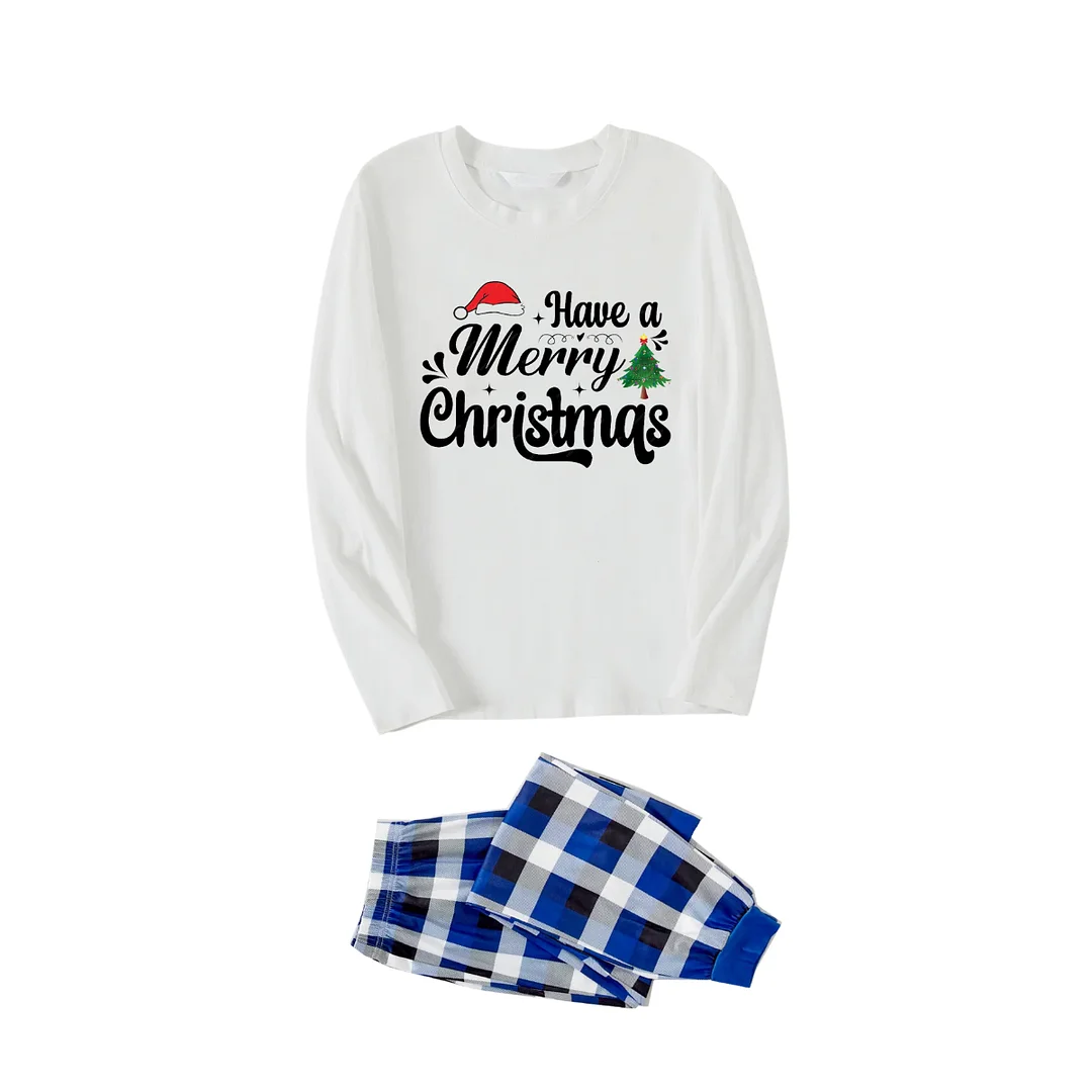 "Have a Merry Christmas"  Printed Pattern White Long Sleeve Top With Blue & Black & White Plaid Family Matching Pajamas