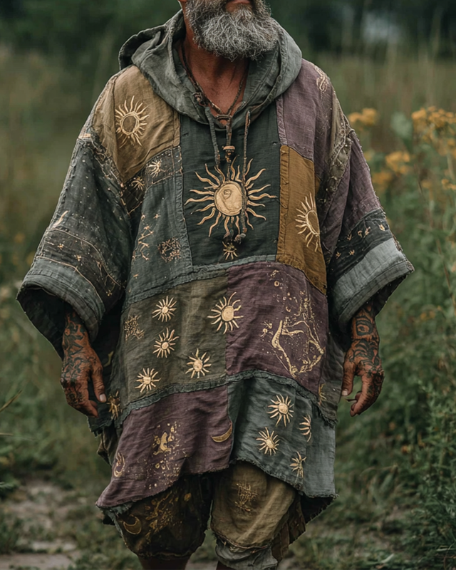 Men's vacation star and moon 3D embroidery casual contrast color stitching hooded Kaftan 229f