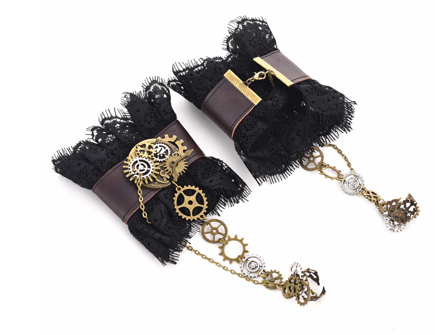 Handmade Steampunk Gears Black Lace Brown Belt Wrist Cuffs Punk Wristbands Gears Vintage Fake Cuffs Gothic Cosplay Accessories Novameme
