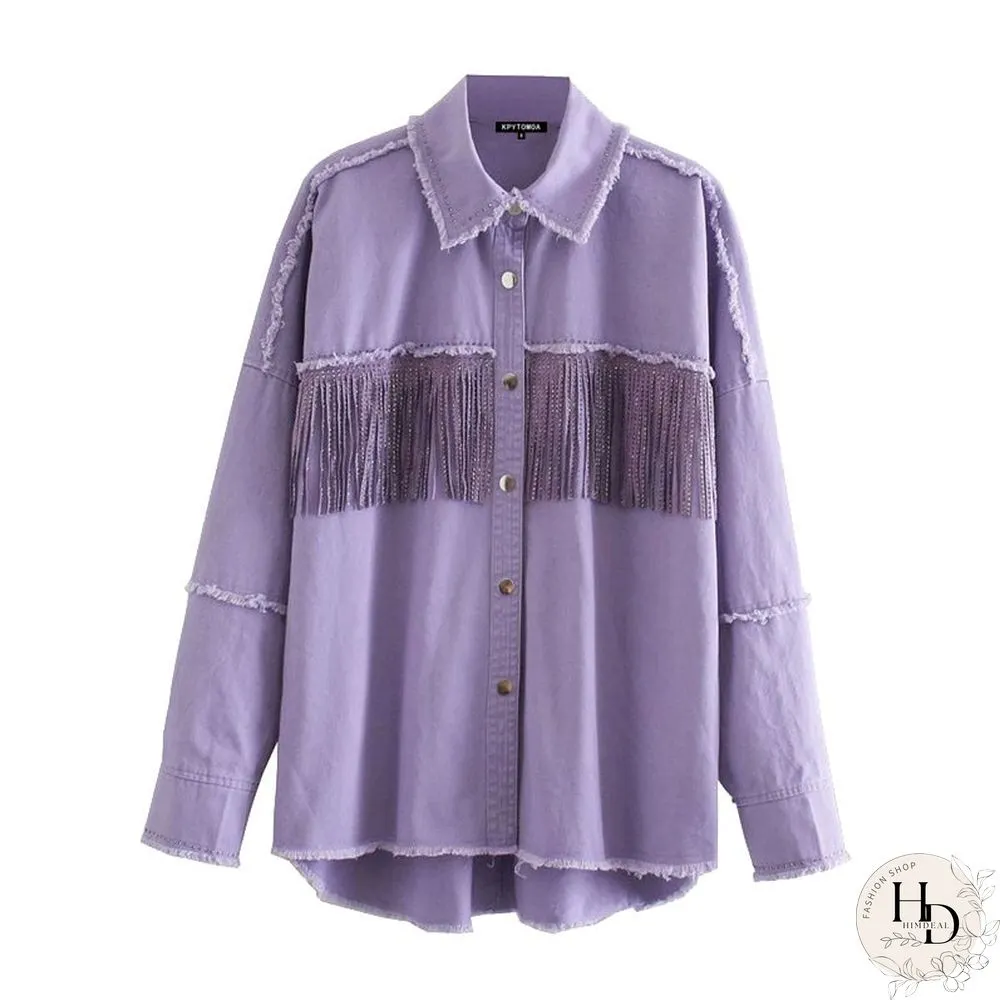 Womens Fashion Tassel Beaded Oversized Denim Jacket Coat Vintage Long Sleeve Frayed Hem