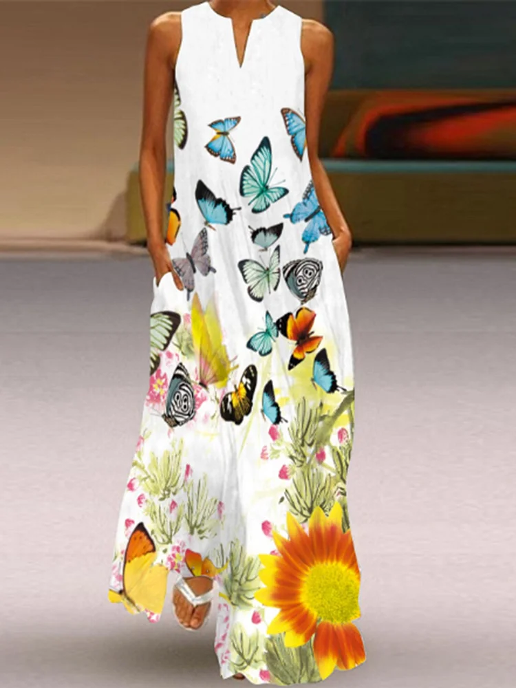 V-neck flower print casual dress
