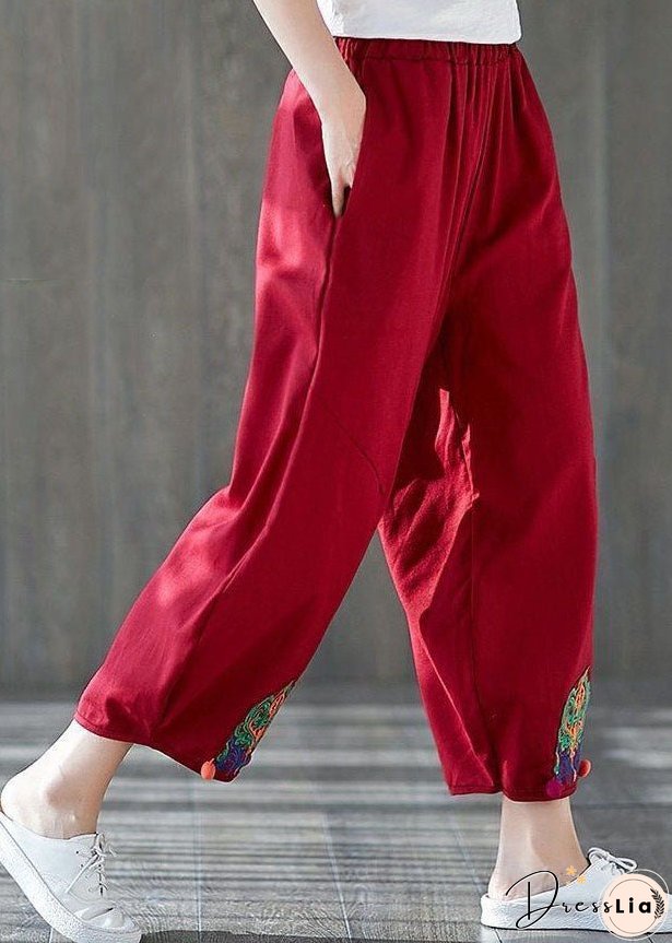 Handmade Red Embroideried Pockets Patchwork Cotton Lantern Pants Summer