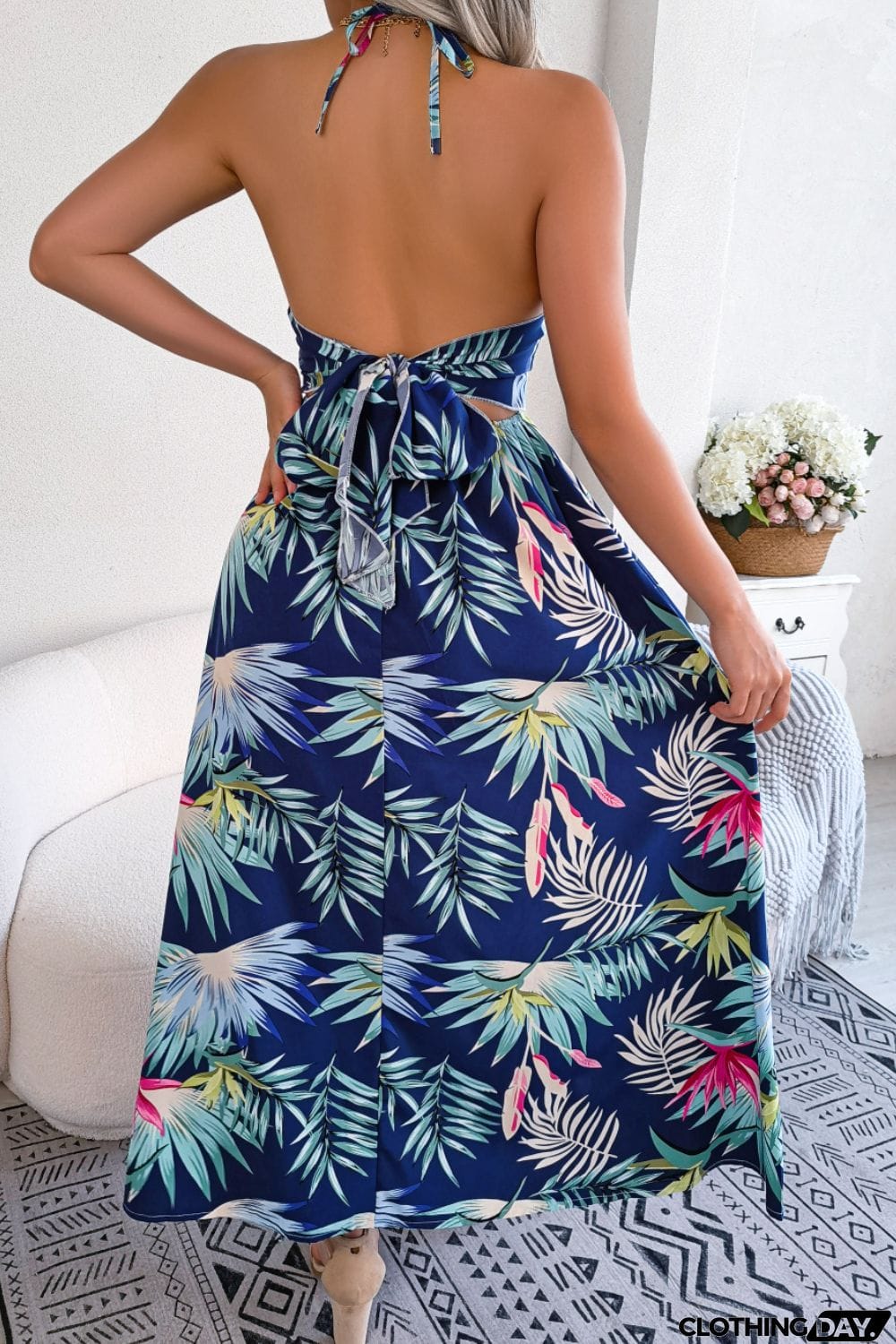 Botanical Print Tied Backless Cutout Slit Dress