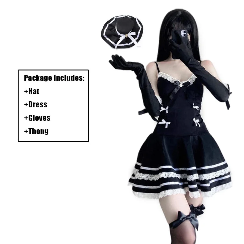 Lolita Sexy Maid Cosplay Costumes Cute Black Dress And Thong Anime Punk School Girl Gothic Outfit For Woman With Hat Gloves New
