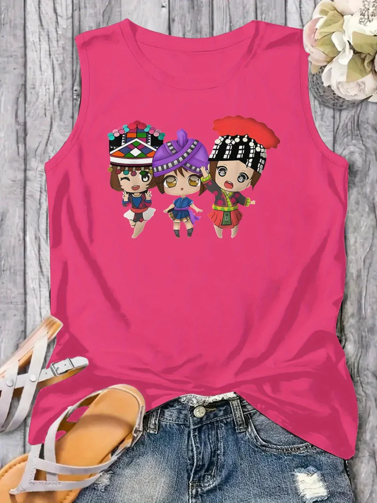 Plus Size Women's Hmong Pride Traditional Queen Sisters Graphic Tank Top - Vibrant Orange Sleeveless Summer Shirt With Cultural Print, Round Neck Casual Beach Vacation Outfit, Machine Washable, Cultural Festival Attire, Relaxed Fit Clothing