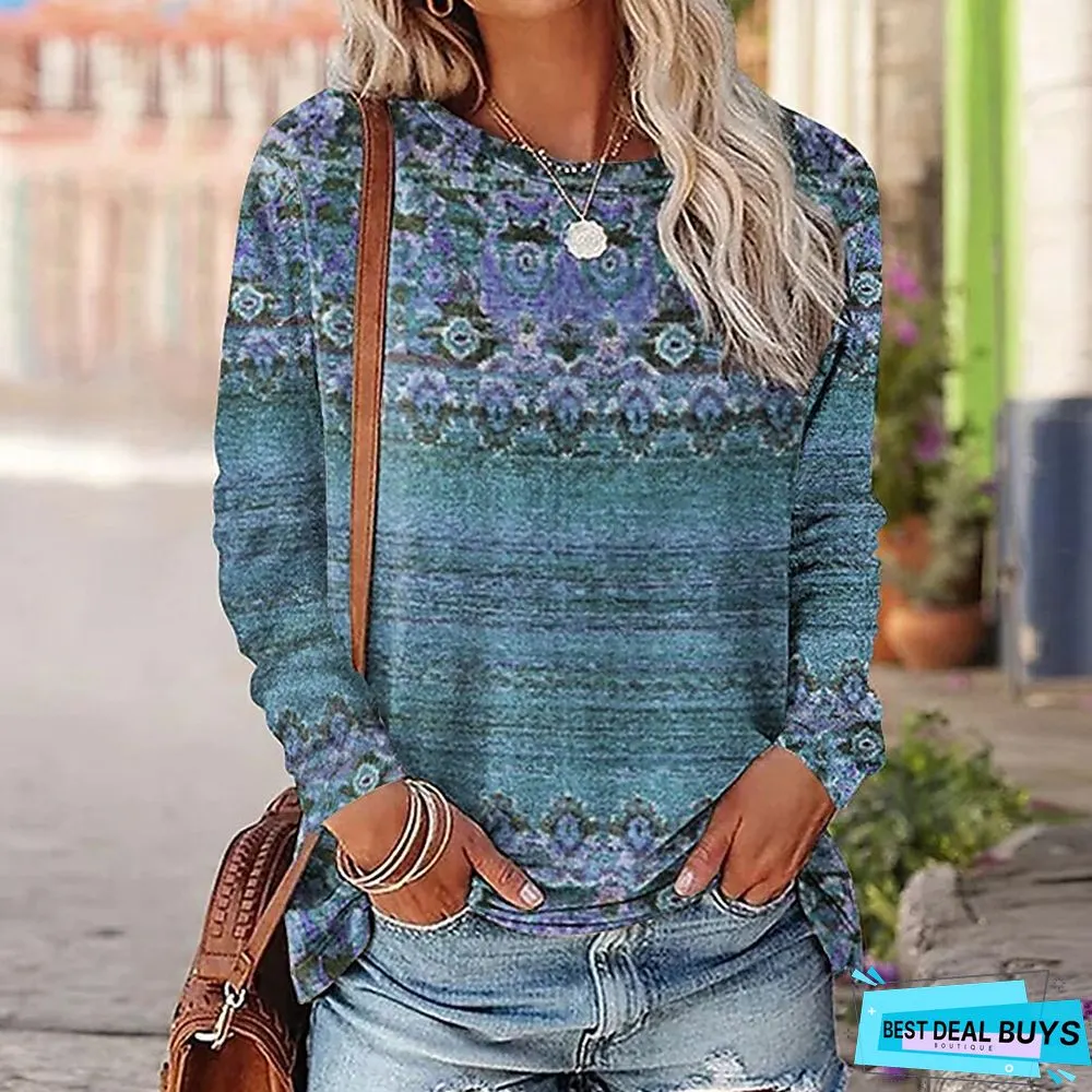 Womens Shirt Tee Yellow Red Blue Graphic Print Long Sleeve Daily Weekend Basic Round-neck