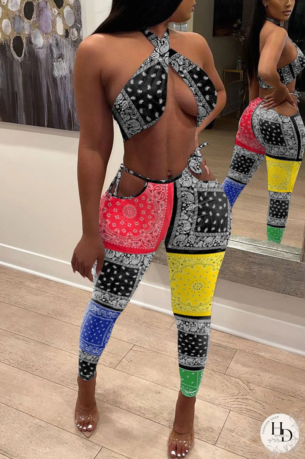 Black Fashion Sexy Print Hollowed Out Split Joint Backless Halter Sleeveless Two Pieces