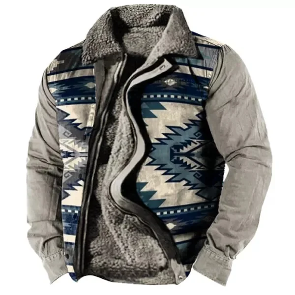 Utbros Stand Collar Fleece Western Geometric Print Jacket