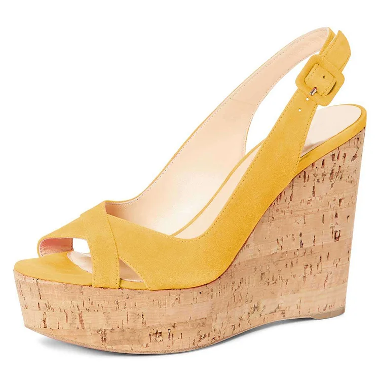 Yellow Vegan Suede Platform Wedge Heels Slingback Sandals |FSJ Shoes