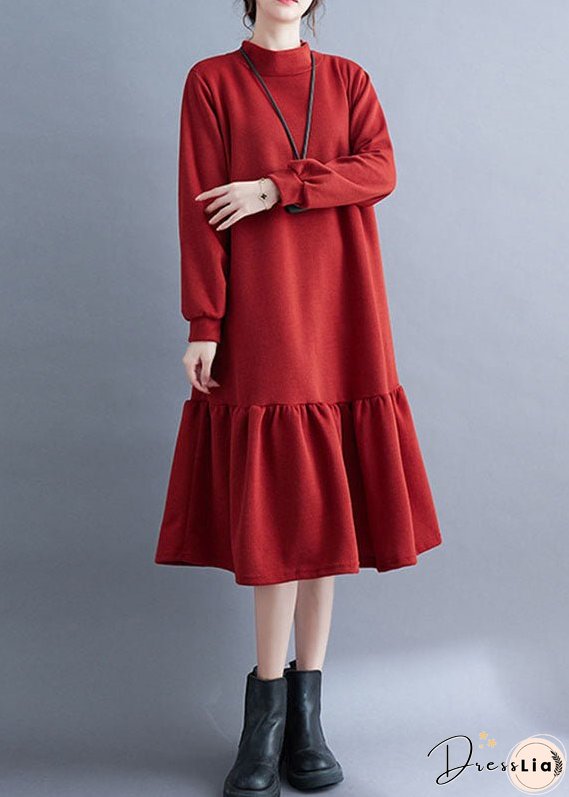 French Red Turtleneck Ruffled Patchwork Thick Maxi Dresses Fall