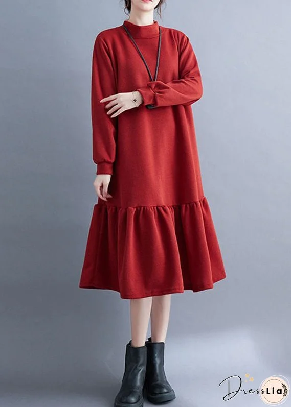 French Red Turtleneck Ruffled Patchwork Thick Maxi Dresses Fall