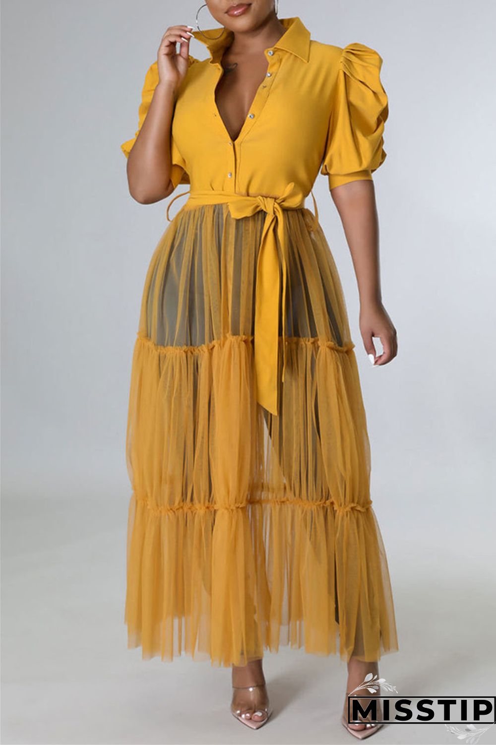 Yellow Fashion Casual Solid Patchwork Mesh Turndown Collar Shirt Dress