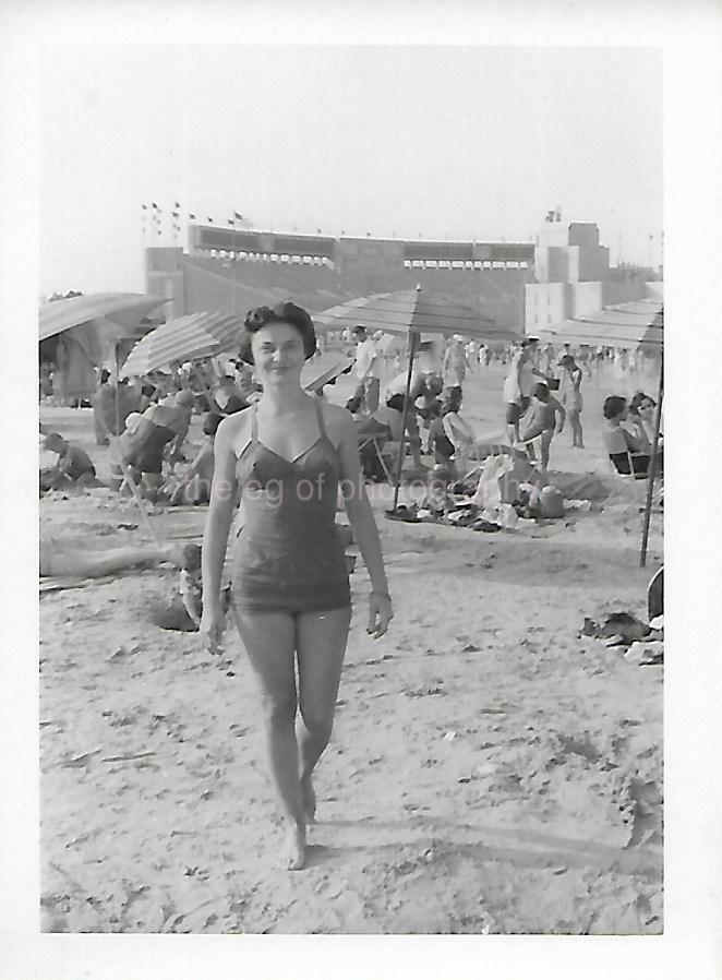 Vintage FOUND Photo Poster painting bw MID CENTURY WOMAN Original Snapshot BEACH GIRL 19 19 R