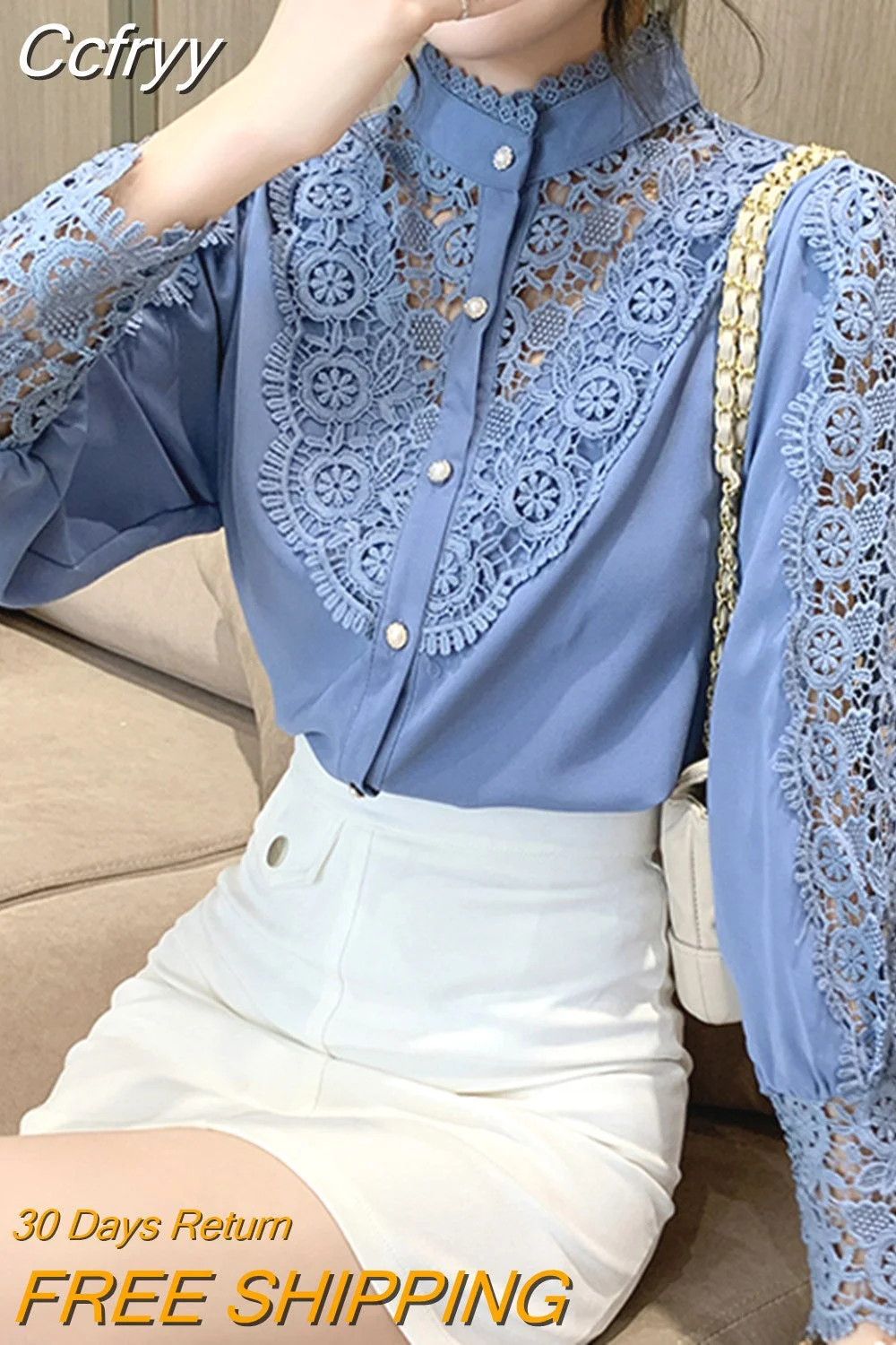 Huibahe Lace Shirts For Women New Korean Hollow Out White Blouse Tops Female Stand Collar Long Sleeve Blouses Women Casual 12948