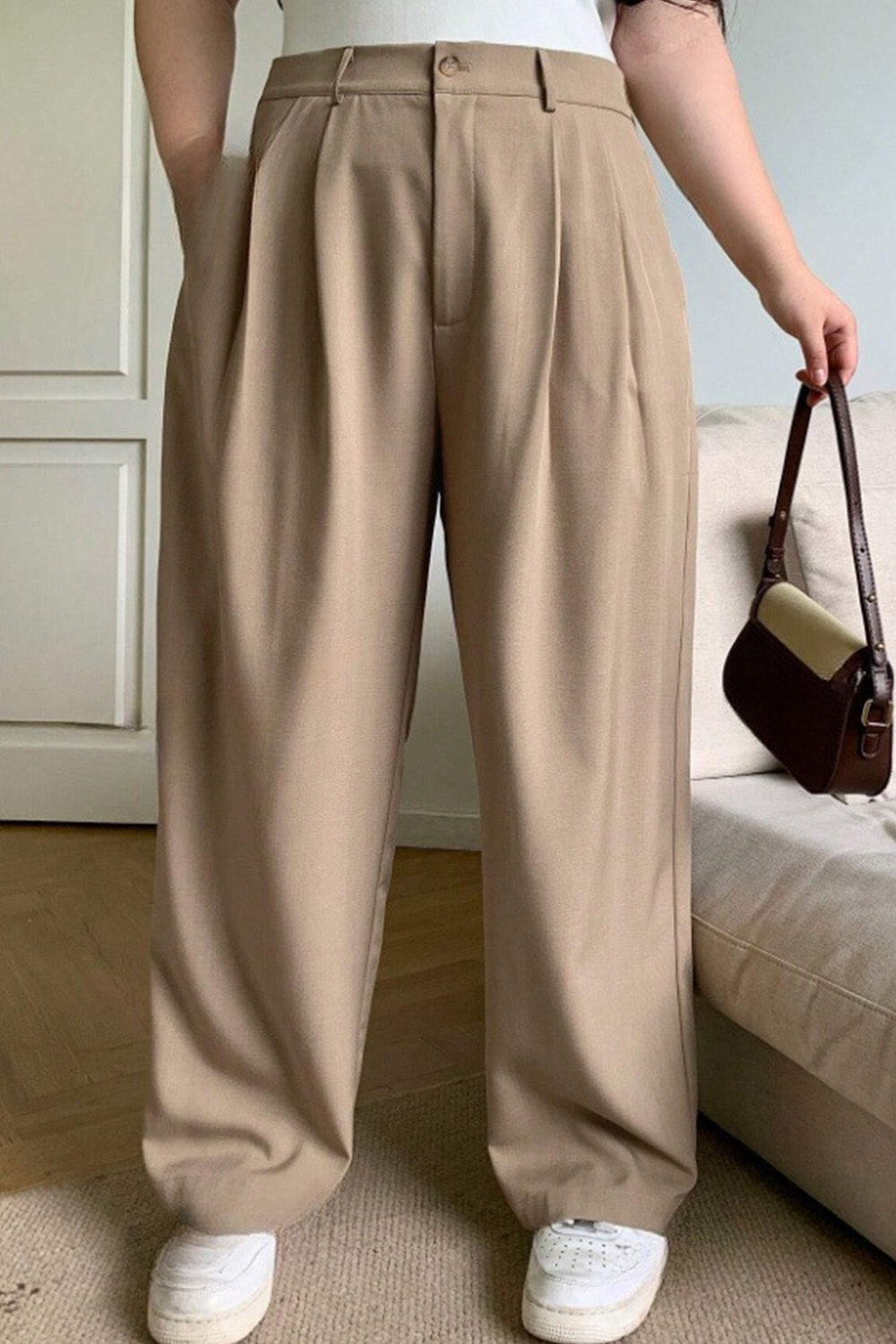 Plus Size Everyday Black High Rise Straight Leg Pleated Pants 2024 - Flycurvy 