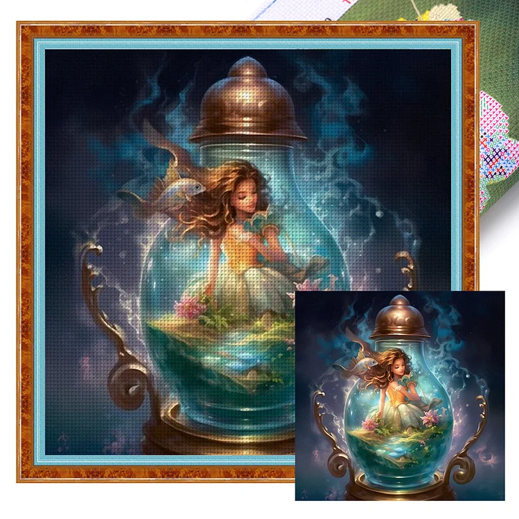 【Huacan Brand】Girl In Magic Bottle 16CT Stamped Cross Stitch 40*40CM