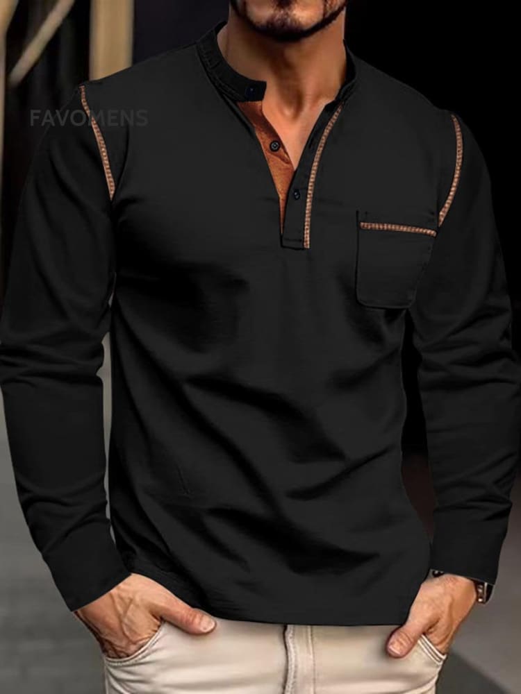 Men&rsquo;s Stand Collar Long Sleeve Polo Shirt For Men Top Black / S