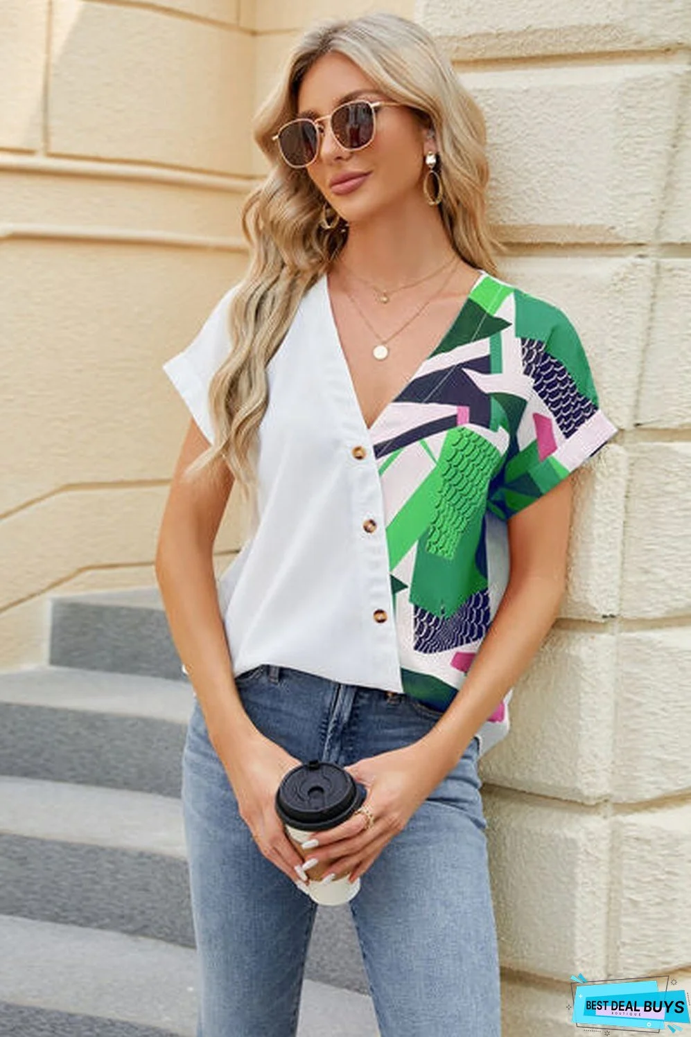 Printed Surplice Short Sleeve Blouse