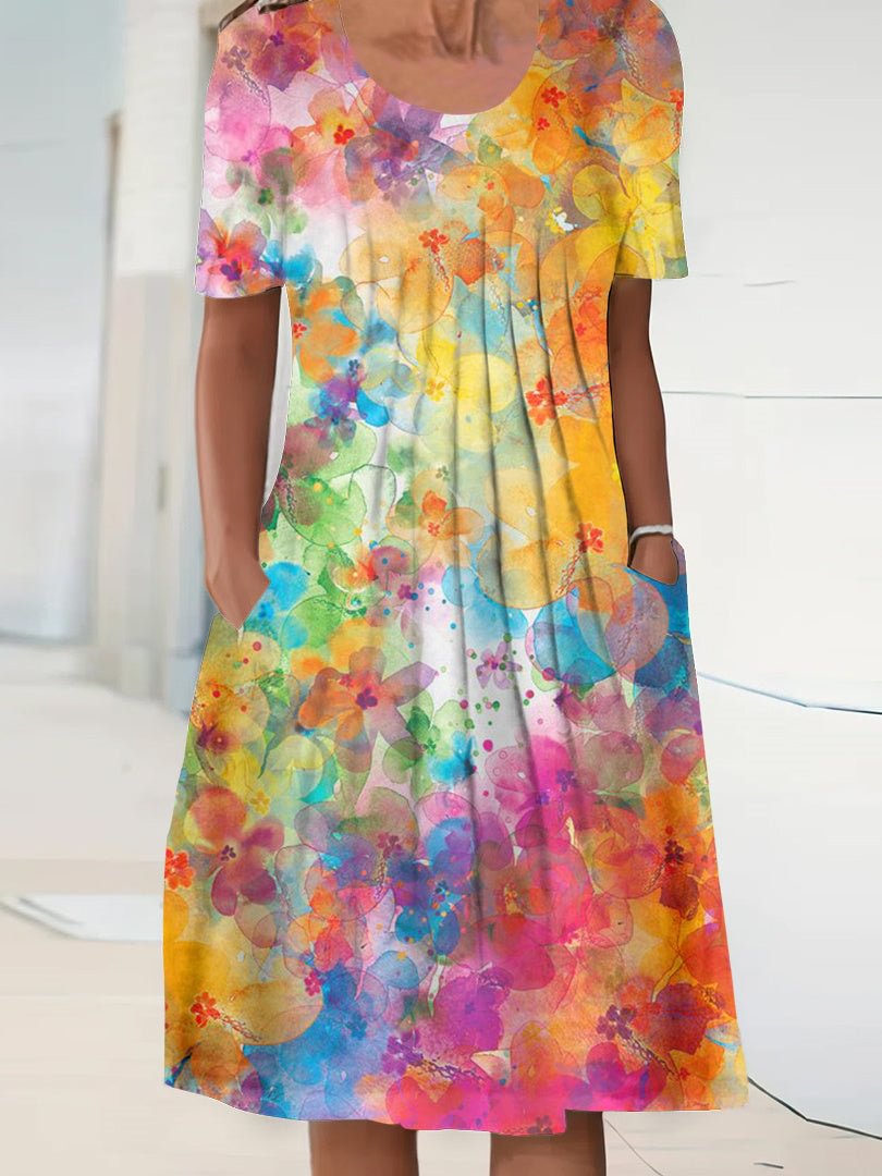 Women's Short Sleeve Scoop Neck Floral Printed Graphic Midi Dress