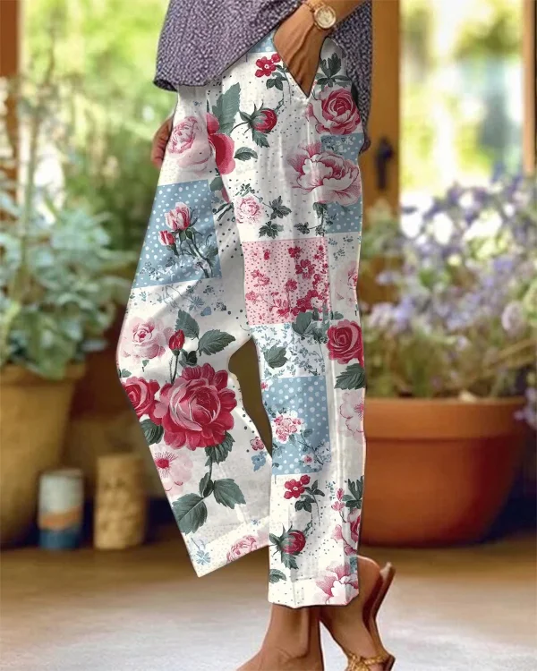 Retro Artistic Floral Cotton and Linen Casual Pants