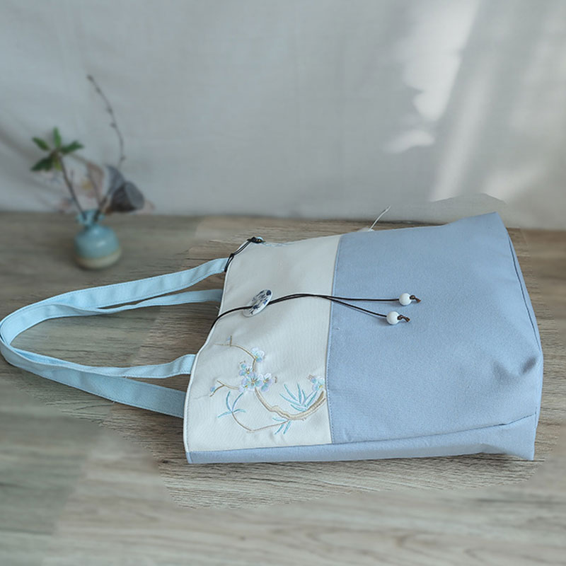 Plum Embroidery Color Block Vintage Tote Bag
