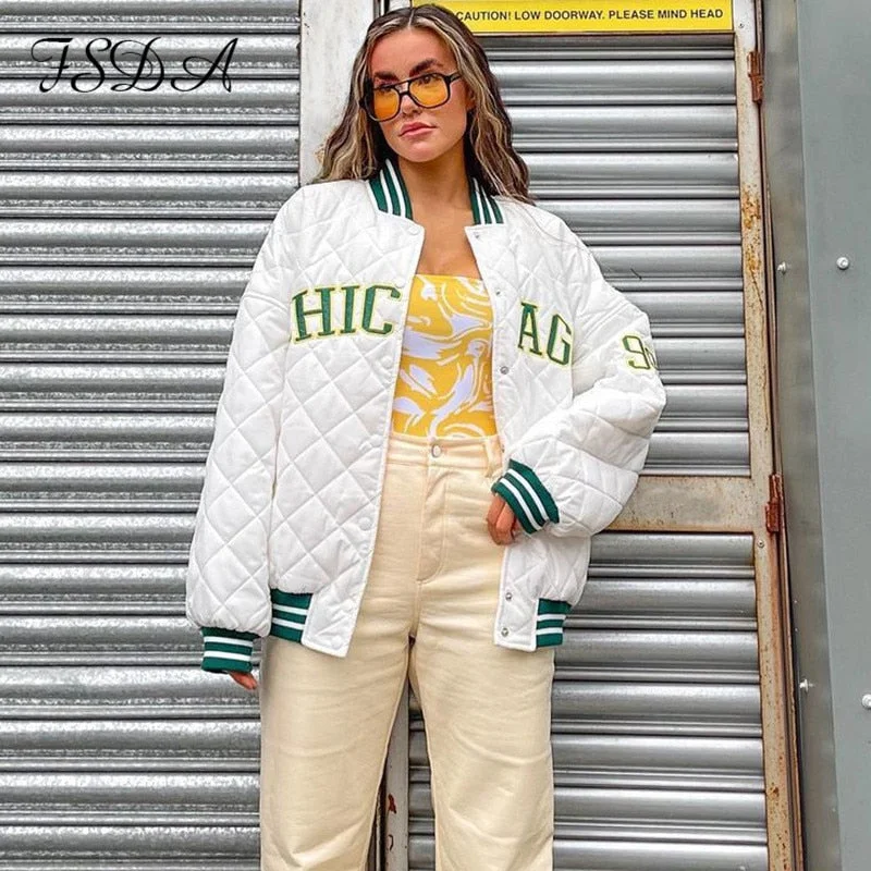 FSDA 2021 Autumn Winter Patchwork Jacket Varsity Women Casual Oversized Green Print Fashion Baseball Bomber Coat