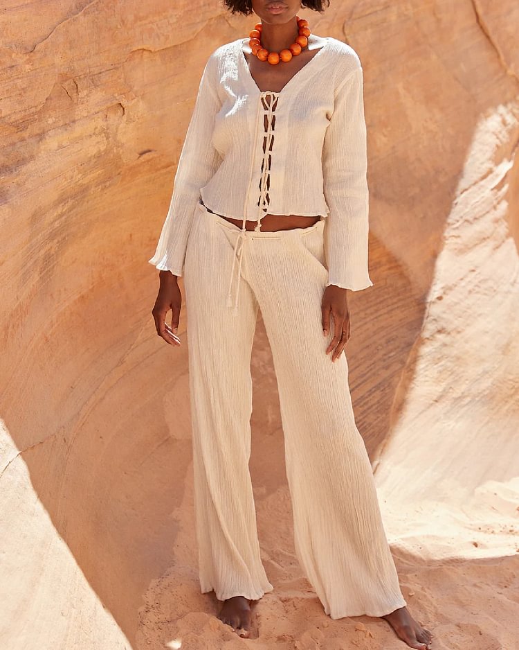Casual Linen Tie Shirt Wide-Leg Pants Set