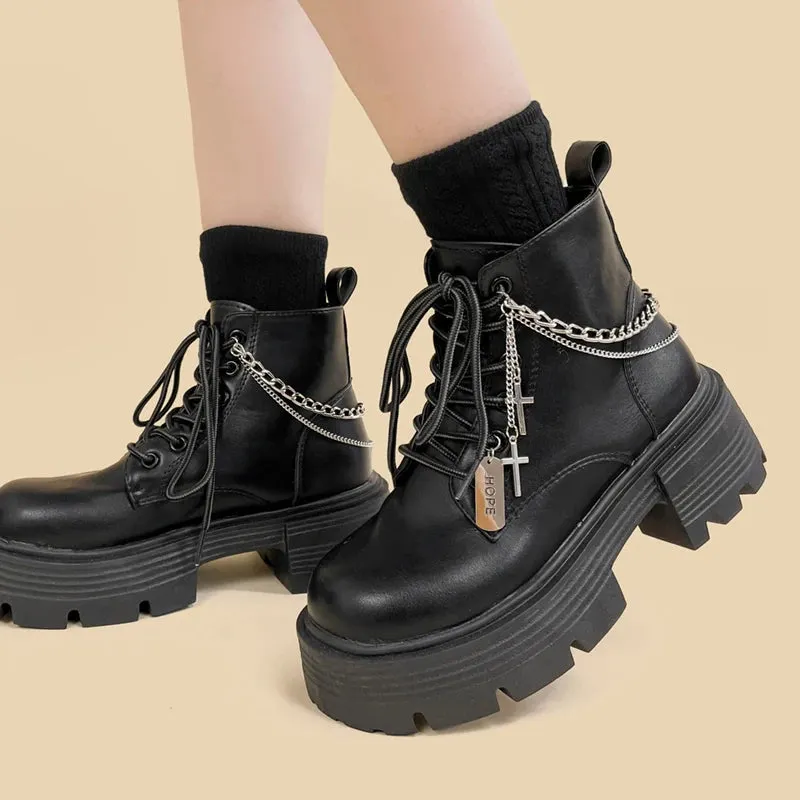 Brownm Chain with Cross Combat Boots
