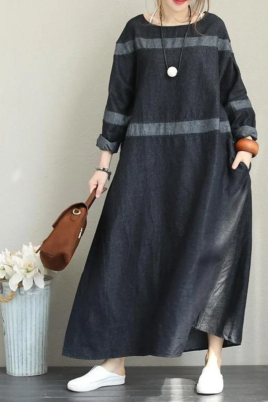 Vintage Black Denim Maxi Dresses Women Fall Clothes Q2135