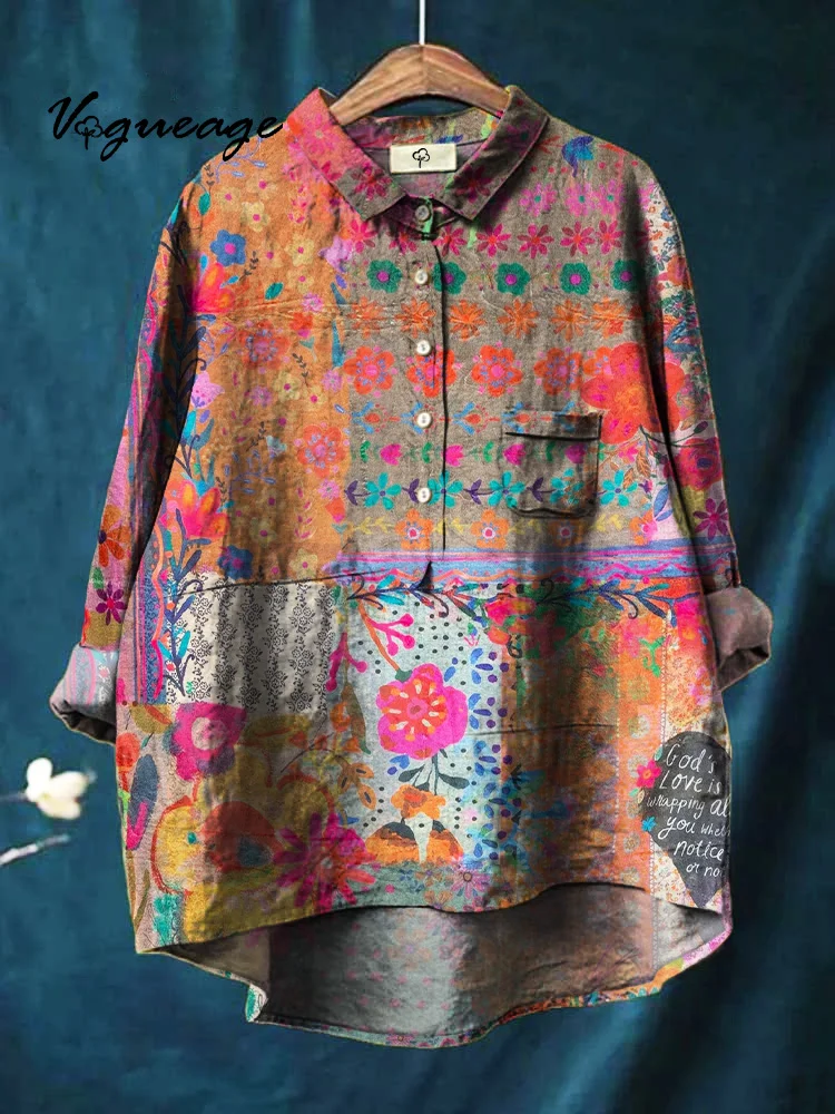 Elegant Retro Nostalgic Style Small Floral Print Cotton And Linen Shirt