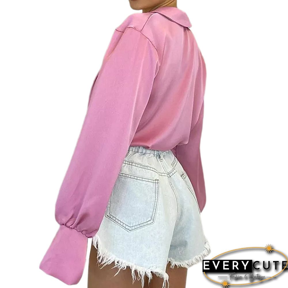 Pink Low-Cut Draped Long Sleeve Tops