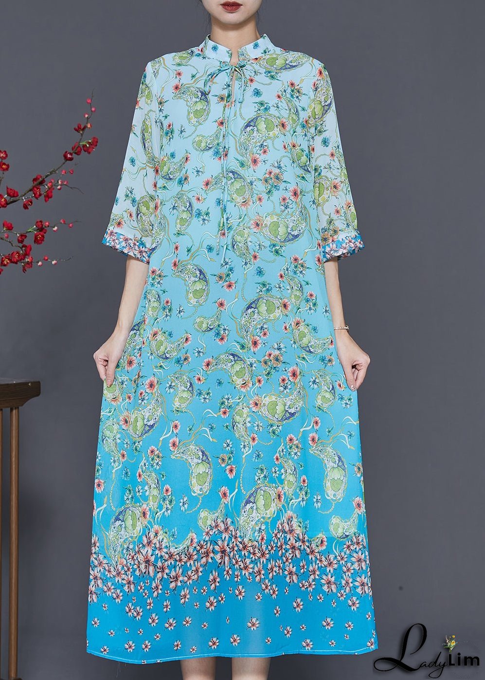 Elegant Blue Print Draping Chiffon Long Dresses Summer