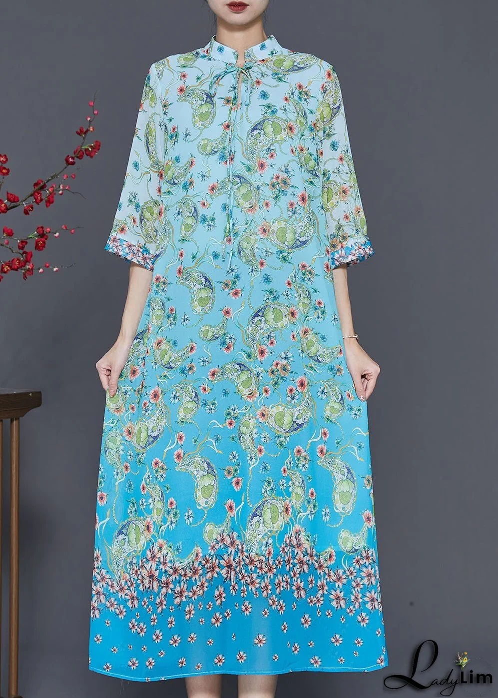 Elegant Blue Print Draping Chiffon Long Dresses Summer