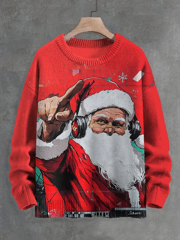 Men's Music Santa Claus DJ Trendy Street Art Print Knit Sweatshirt