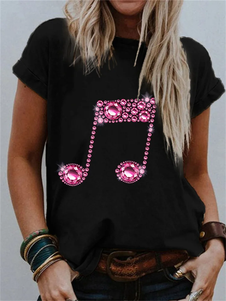 Music Notes Glitter Crew Neck T Shirt