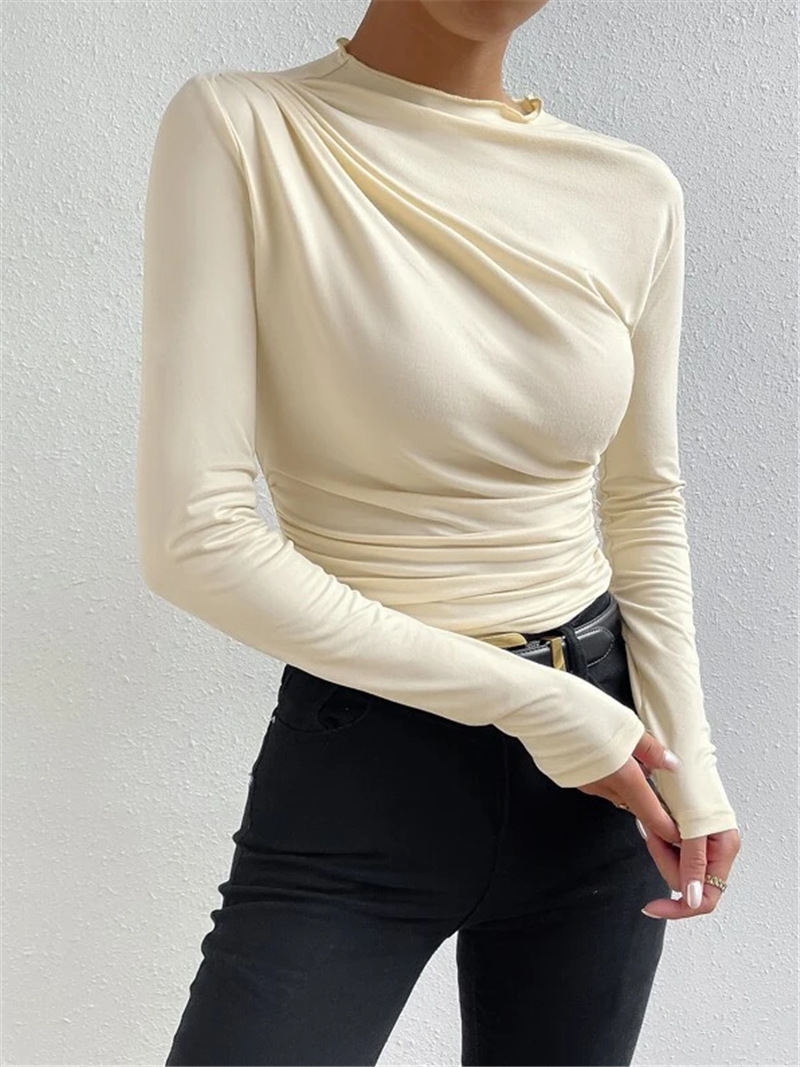 Ootddress Solid Casual Pleated T-shirt For Women Patchwork Long Sleeve High Waist Inner Ruffled Crop top Ladies Vintage Y2k Top Tee