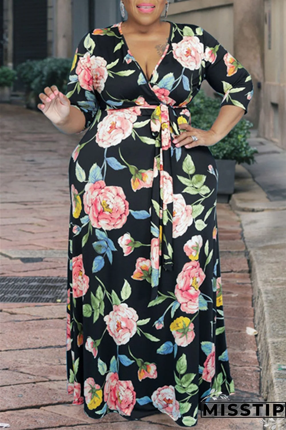 Brown Fashion Casual Print Bandage Patchwork V Neck Long Dress