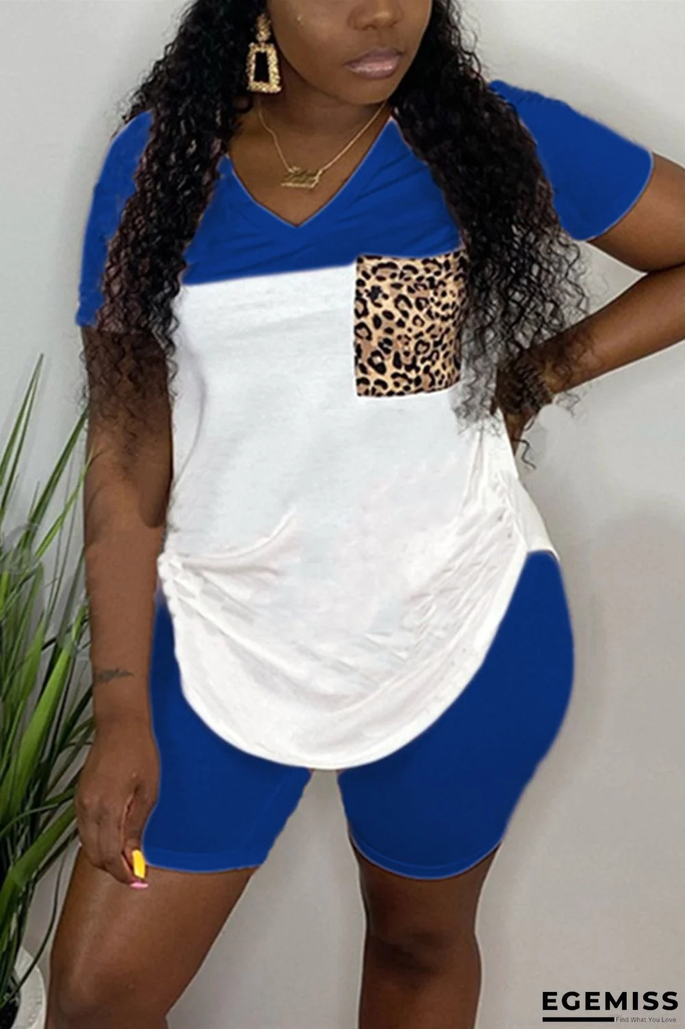 Blue Milk Silk Sexy Patchwork Two Piece Suits Straight Short Sleeve Two-Piece Short Set | EGEMISS